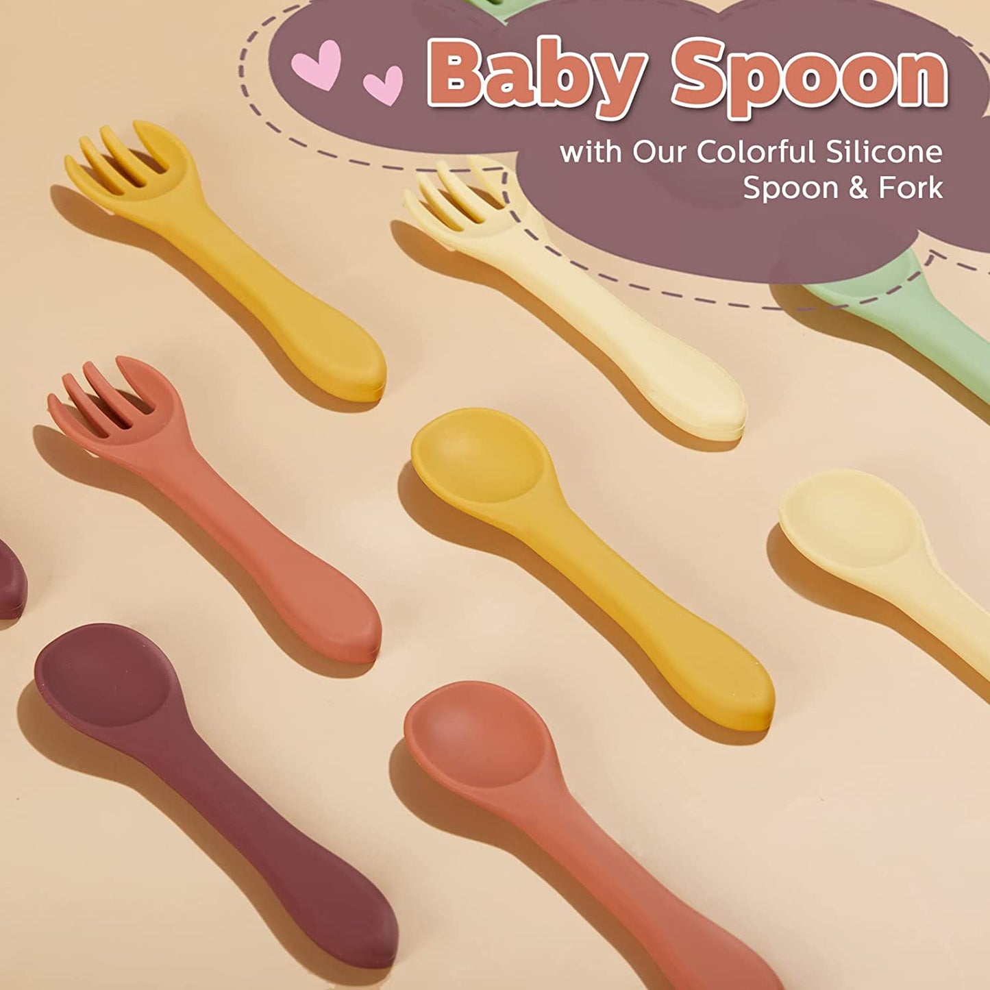 10 Pieces Baby Led Weaning Spoons and Forks Set Infant Silicone Spoon First Self Feed Baby training Utensils