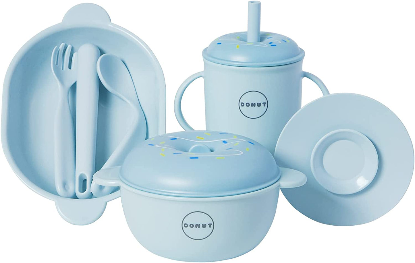 aby Feeding Supplies, 7 in 1 Toddler Utensils, Baby Bowl, Plastic Toddler Plates, Baby Spoons First Stage, Kids Fork, Toddler Cup, Detachable Suction Pad and Grinding Rod for Baby Food (Blue)