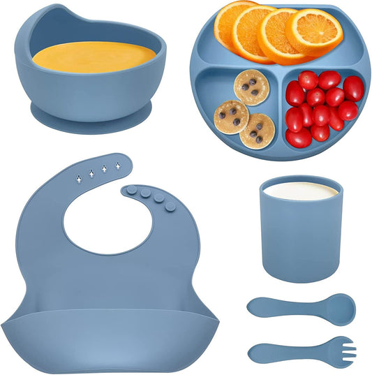 Baby Feeding Set, First Stage Toddler Utensils, Silicone Bib for Babies, Spoon Fork, Cup, Suction Bowl and Baby Divided Plates for Kids