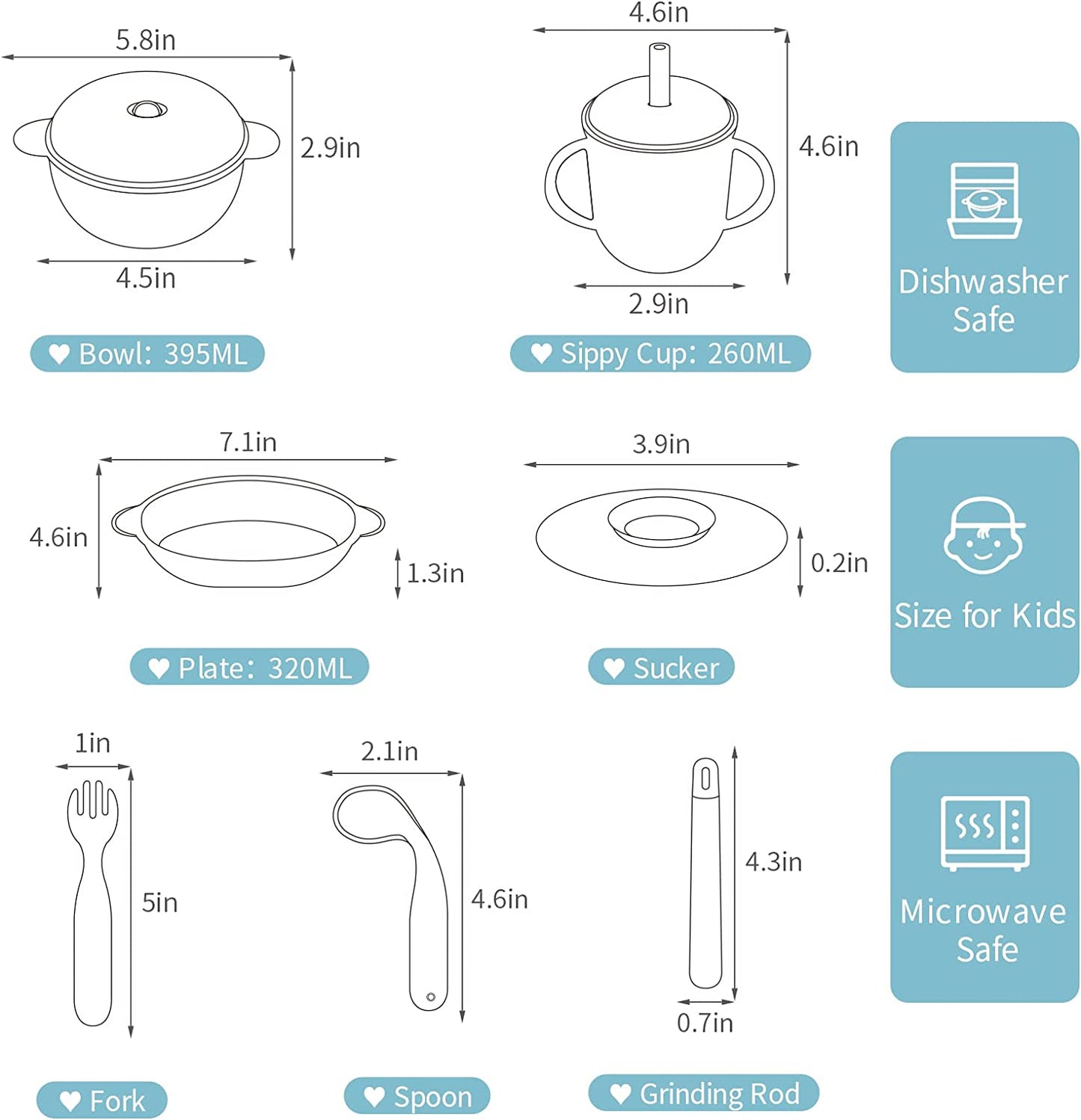 aby Feeding Supplies, 7 in 1 Toddler Utensils, Baby Bowl, Plastic Toddler Plates, Baby Spoons First Stage, Kids Fork, Toddler Cup, Detachable Suction Pad and Grinding Rod for Baby Food (Blue)