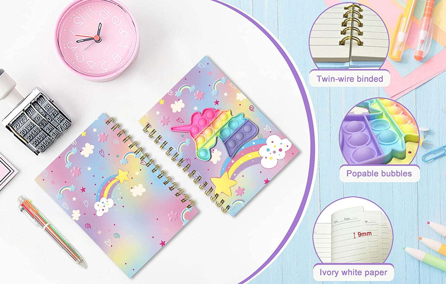 Pop Notebook for Kids, Fidget Girls Diary Journal 8.5x5.3 Inches 160 Lined Pages with 6 Multicolor Pen Spiral