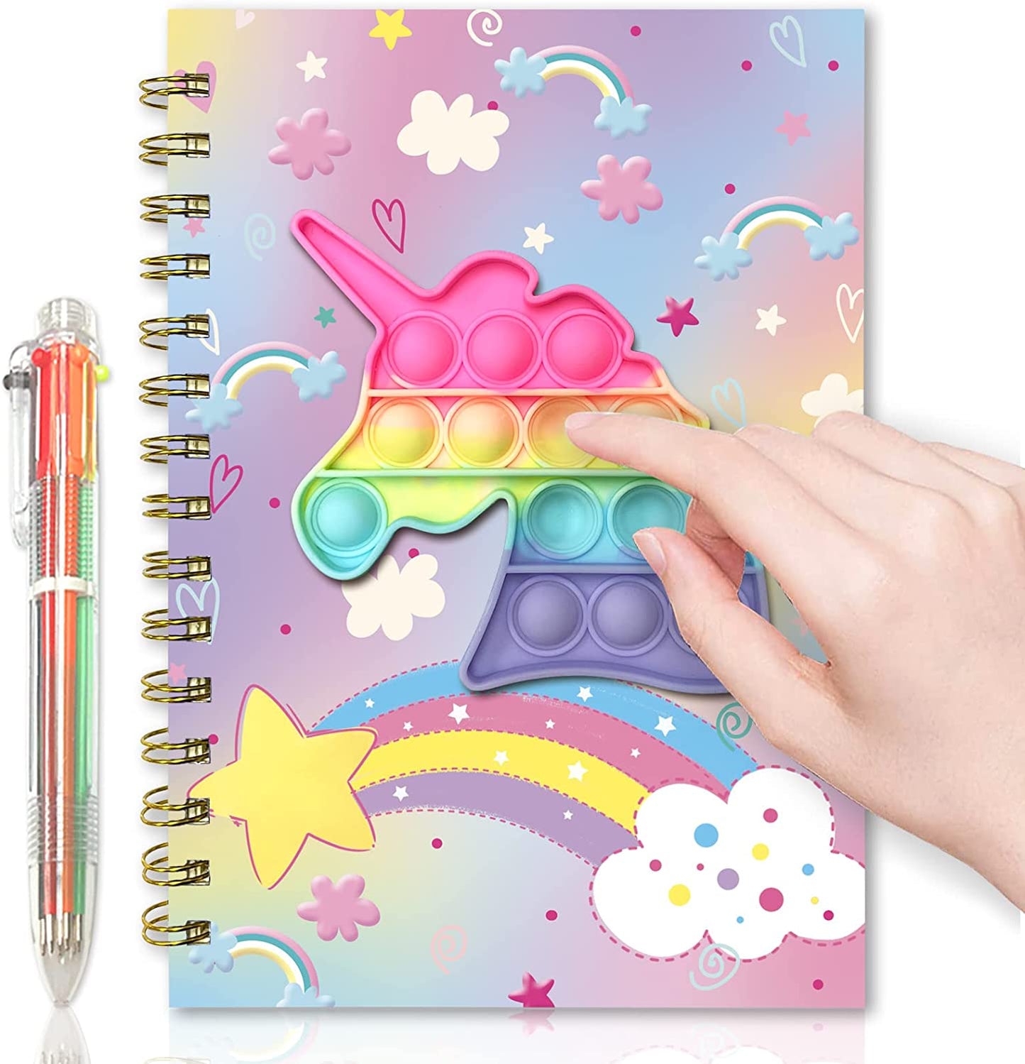 Pop Notebook for Kids, Fidget Girls Diary Journal 8.5x5.3 Inches 160 Lined Pages with 6 Multicolor Pen Spiral