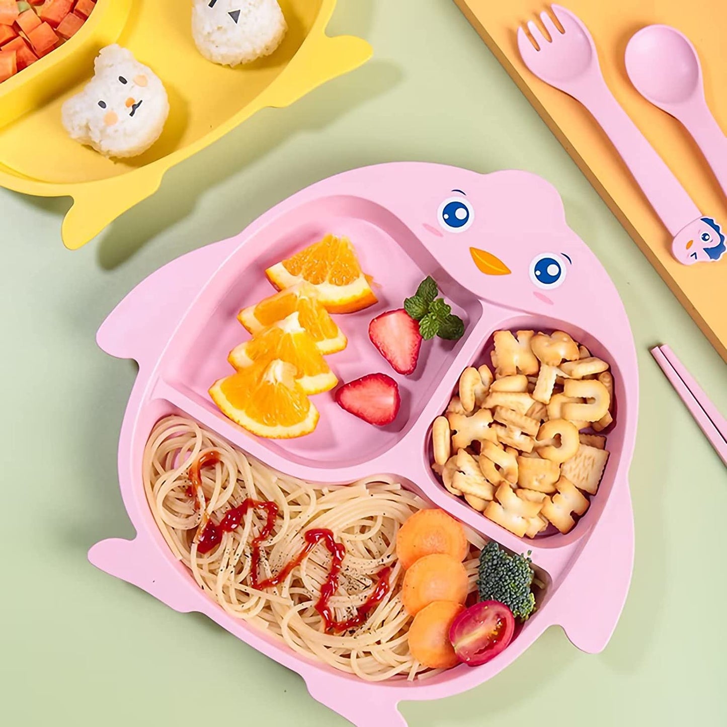 Child Plates and Utensils, Microwave Safe no BPA (Penguin Yellow, Plate Sets)