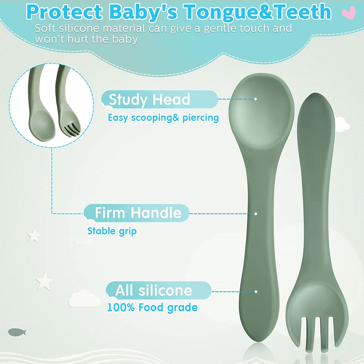 10 Pieces Baby Led Weaning Spoons and Forks Set Infant Silicone Spoon First Self Feed Baby training Utensils