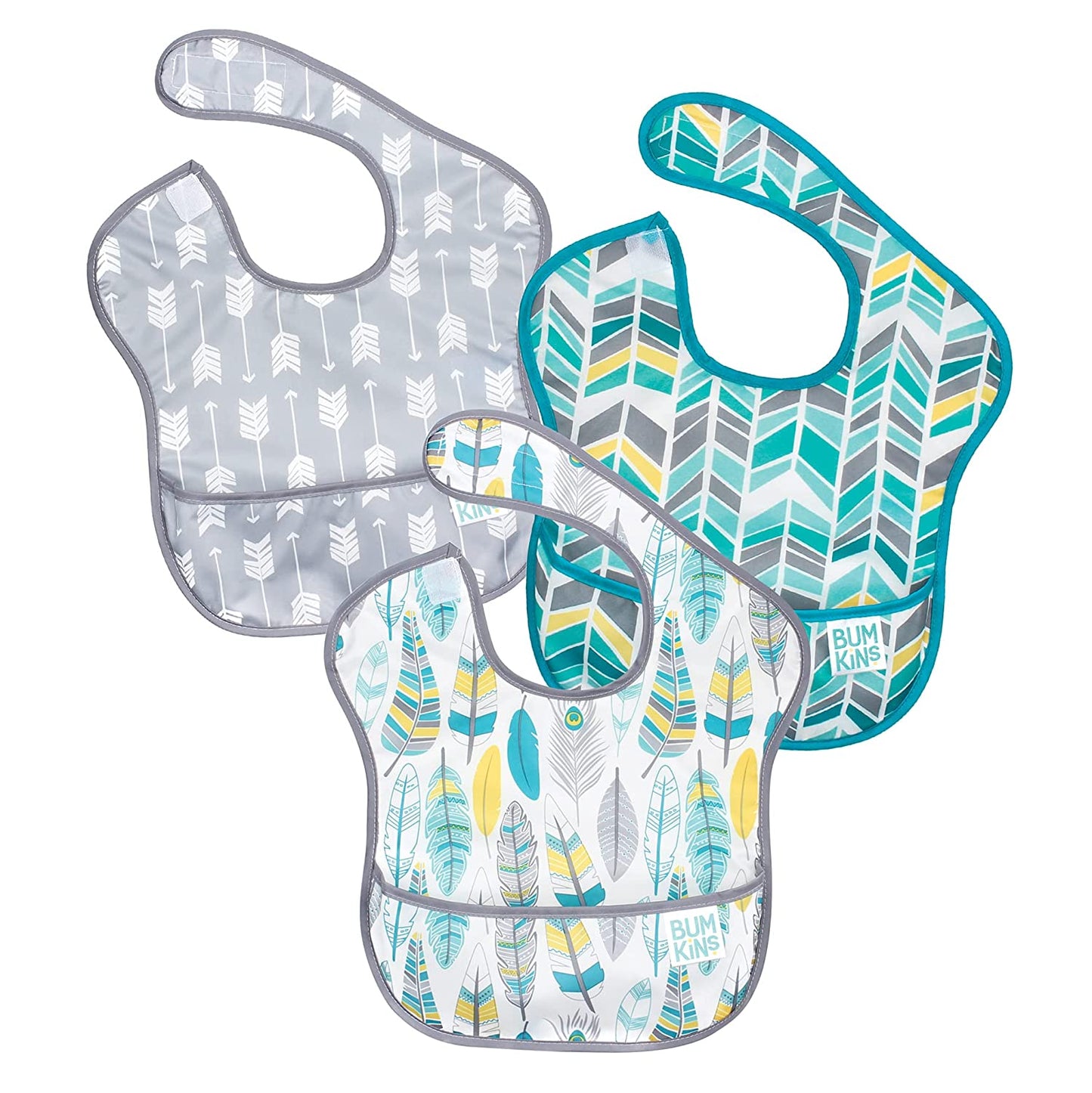 Baby Bib, Waterproof, Washable Fabric, Fits Babies and Toddlers 6-24 Months - Feathers, Quill, Arrows (3-Pack)