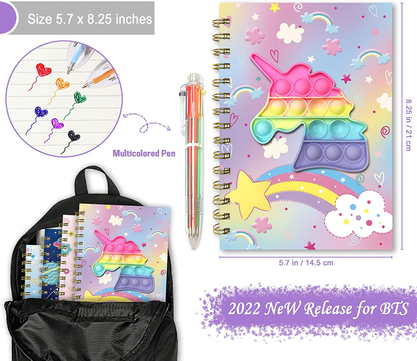 Pop Notebook for Kids, Fidget Girls Diary Journal 8.5x5.3 Inches 160 Lined Pages with 6 Multicolor Pen Spiral