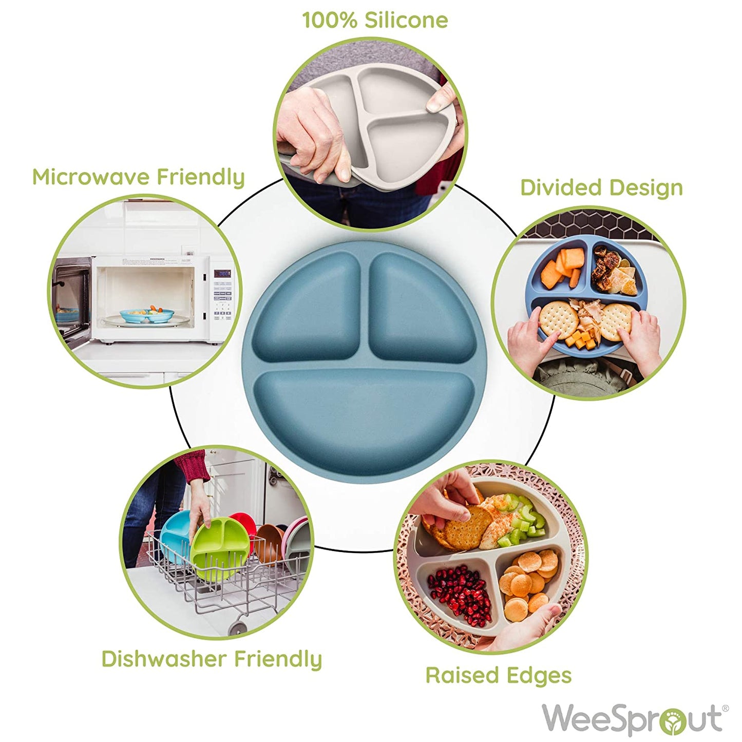 Non-Suction Silicone Divided Plates (No Lids), 100% Food Grade Silicone Plates